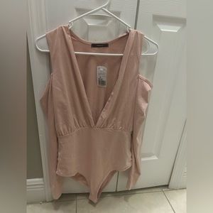 Forever 21 Blush Pink Low V Neck and Cutout Long Sleeve Bodysuit
